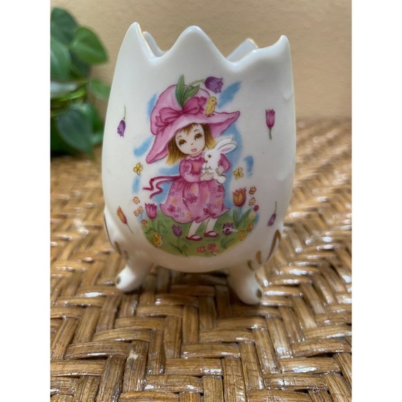 Vintage Geo Z Lefton Egg Cup Vase Handpainted Girl Flowers Spring Easter - Picture 1 of 14